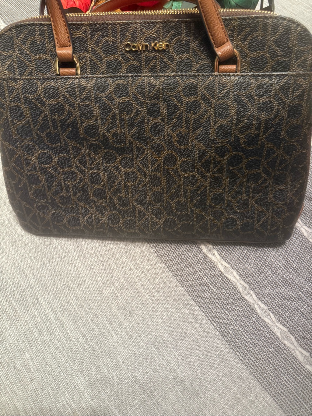Calvin Klein Dark Brown Monogram Satchel With Tan Handles